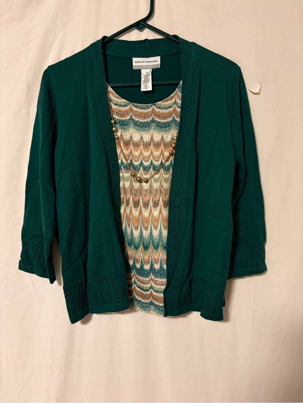 Alfred Dunner Teal Open-Front Women's Cardigan with Multicolor Knit Shell